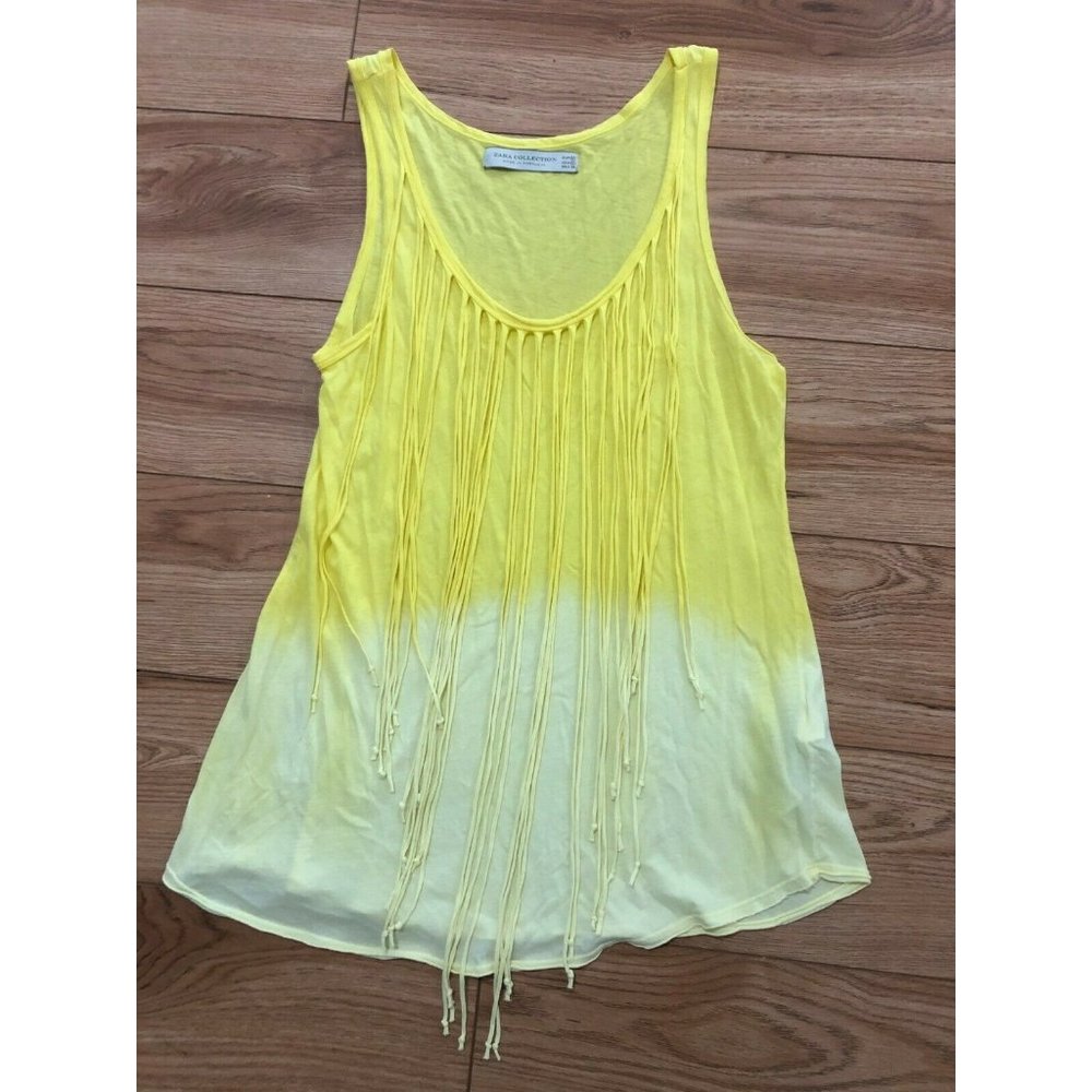 Zara Fringe Ombre Tank Women's MEDIUM Soft Yellow Sleeveless Dip Dye EUC